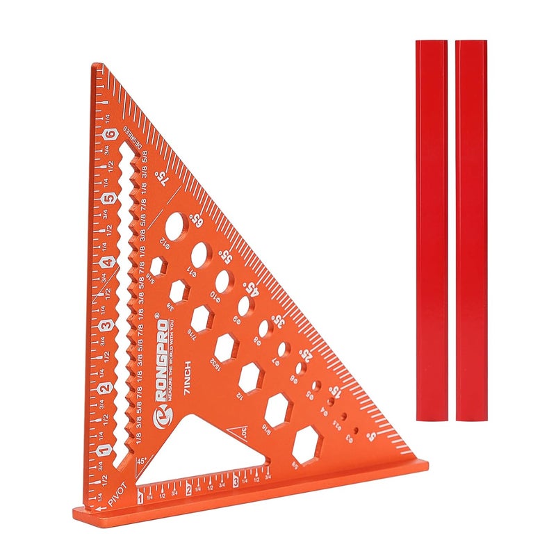 RONGPRO 6-in-1 Carpenter Square 7 inch, Aluminum Rafter Square, Multi-Purpose Carpenter Tools : Wrench, Square, Protractor, Ruler, Marking Gauge, Drill Gauge, Includes 2pcs Carpentry Pencil (Champange) - Image 1